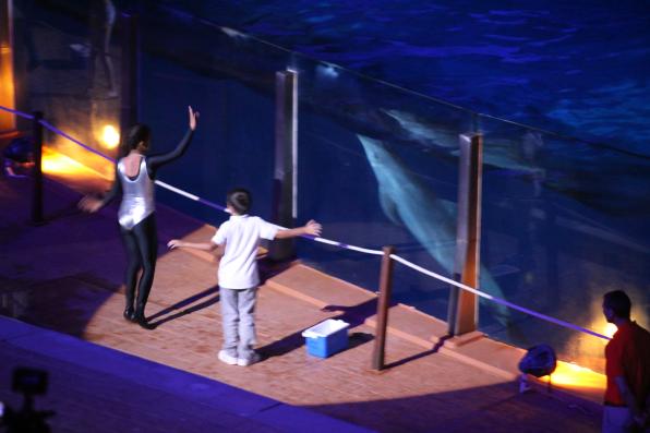 Un niño participa en el espectáculo nocturno del Aquopolis.