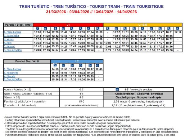  Timetables and stops Tourist Train 2026